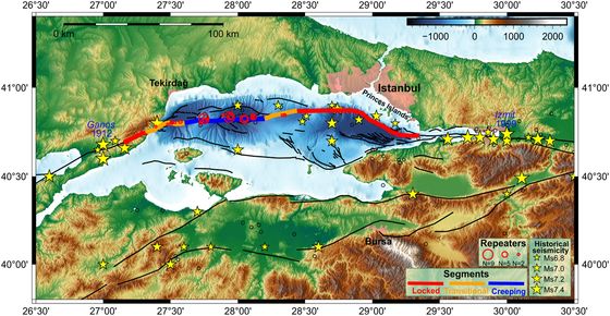 Grafische Darstellung des Marmara-Meers mit der Hauptverwerfung südlich und südwestlich der 16-Millionen-Metropole Istanbul. Rote Kreise markieren die identifizierten „Wiederholbeben“ (Repeater). In Blau: kriechende Bereiche, in Orange: Übergangsbereiche, in Rot: verhakte Bereiche mit der Gefahr stärkerer Beben. Die gelben Sterne markieren vergangene Beben unterschiedlicher Stärke. Grafische Darstellung des Marmara-Meers mit der Hauptverwerfung südlich und südwestlich der 16-Millionen-Metropole Istanbul. Rote Kreise markieren die identifizierten „Wiederholbeben“ (Repeater). In Blau: kriechende Bereiche, in Orange: Übergangsbereiche, in Rot: verhakte Bereiche mit der Gefahr stärkerer Beben. Die gelben Sterne markieren vergangene Beben unterschiedlicher Stärke.